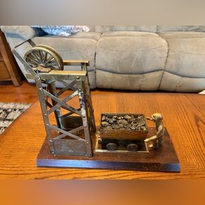 Coal Miner Pushing Car Coal with Tipple Hand Made Bronze Figurine